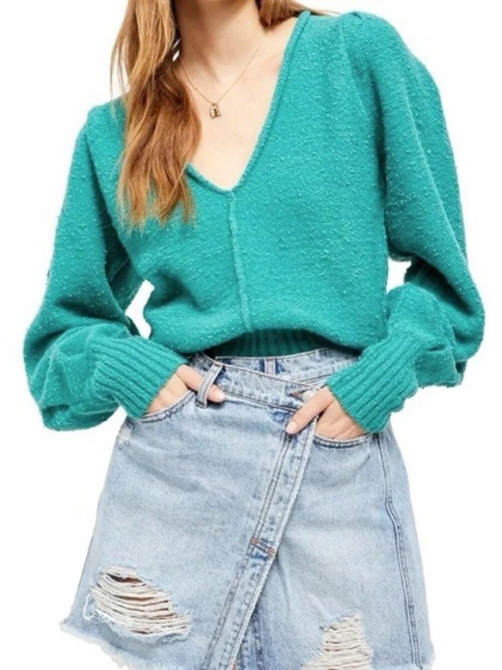 Free People Reverie V Neck Sweater in Emerald Aura Blue